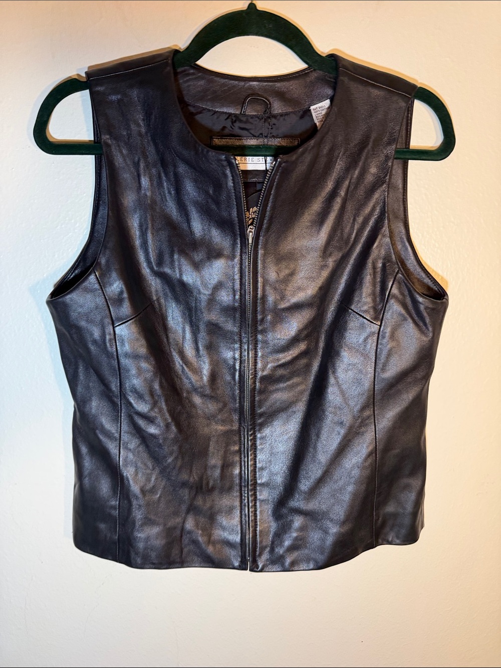 Valerie Stevens Vintage 90s Y2K Black Sleeveless Leather Zip Front Vest Small
